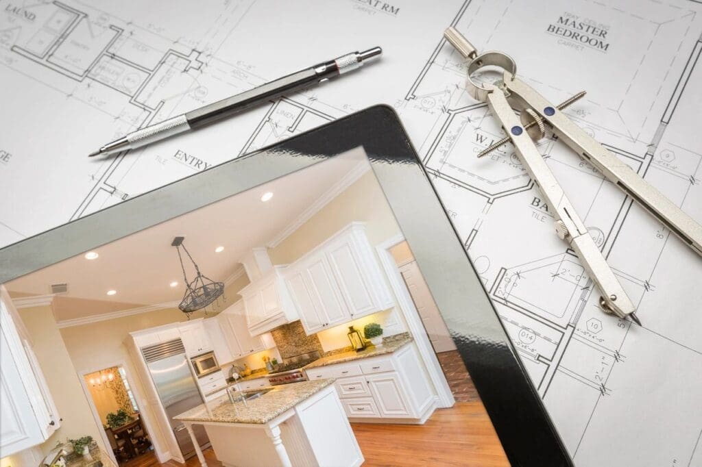 A tablet with an image of a kitchen on it.